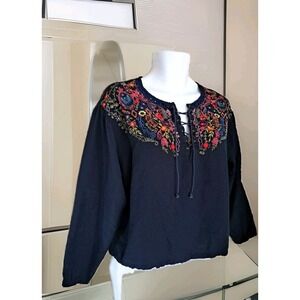 Together Popover Top XL Navy Embroidered Laced Up Front Peasant Cottage Boho